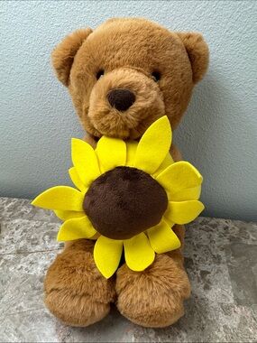 Aurora world Plush Brown Teddy Bear with Bright Yellow Sunflower